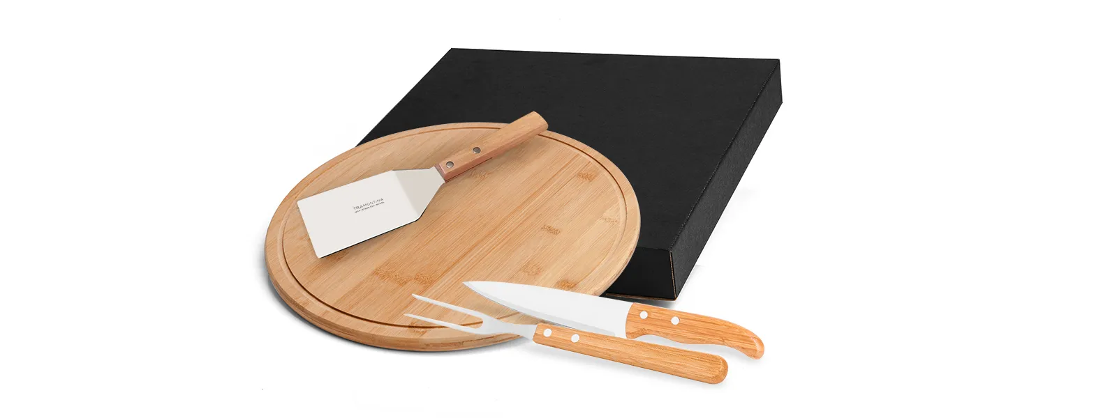 CONJ. PARA CHURRASCO / PIZZA EM BAMBU / INOX 35CM - 4 PÇS