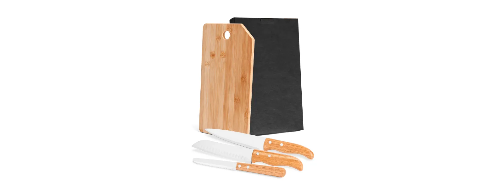 KIT COZINHA EM BAMBU COM TÁBUA E FACA SANTOKU - 4 PÇS