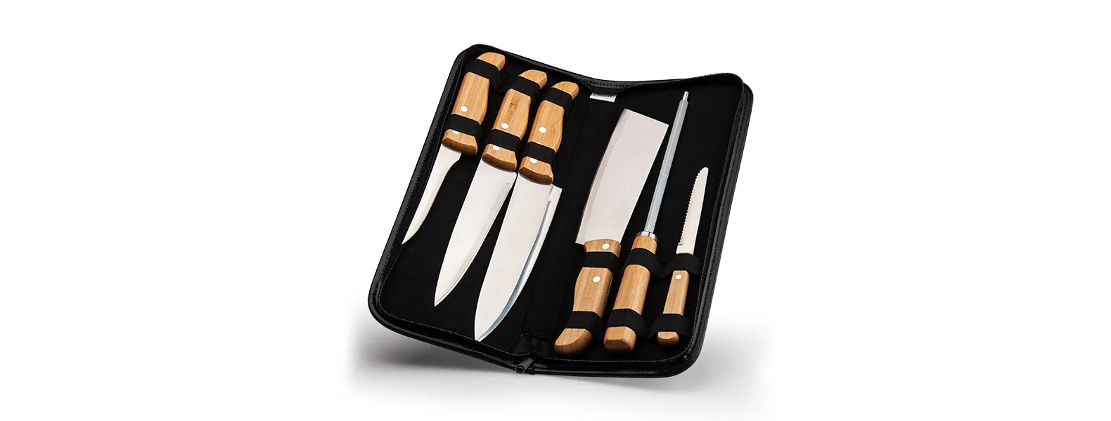 KIT DE FACAS, CHAIRA E CUTELO INOX/BAMBU COM ESTOJO 7 PÇS