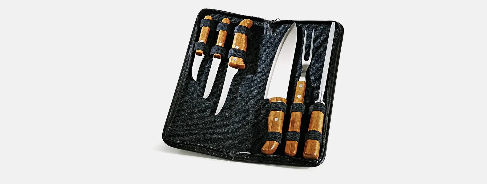 KIT DE FACAS, GARFO E CHAIRA INOX / BAMBU COM ESTOJO