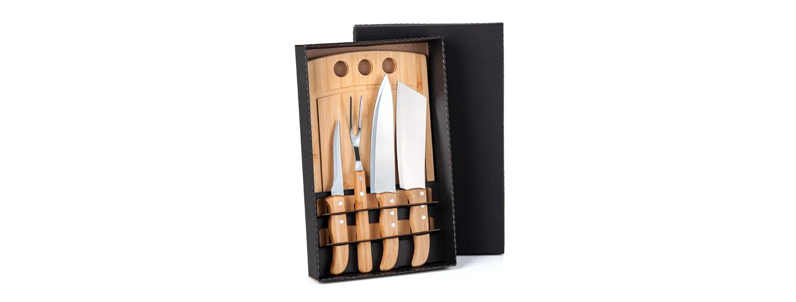 KIT PARA CHURRASCO / COZINHA EM BAMBU / INOX - 5 PÇS