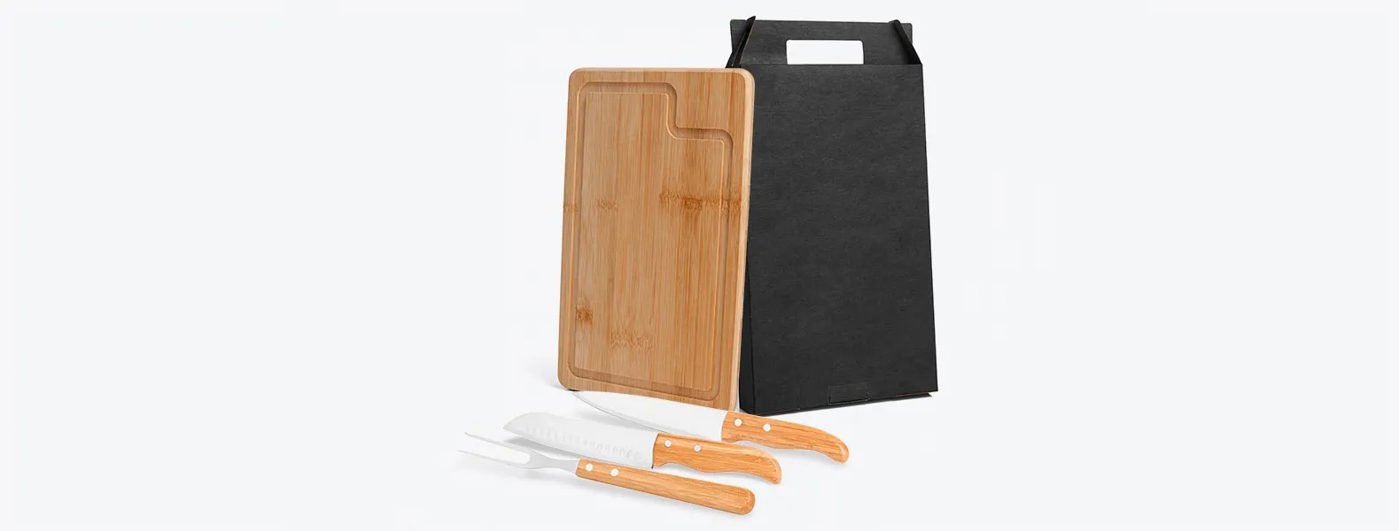 KIT PARA CHURRASCO EM BAMBU/INOX COM FACA SANTOKU - 4 PÇS