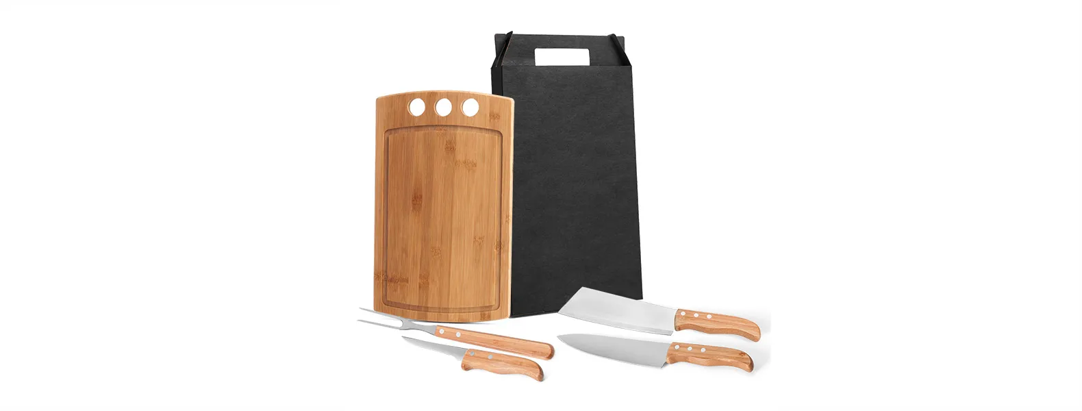 KIT PARA CHURRASCO OU COZINHA EM BAMBU / INOX - 5 PÇS