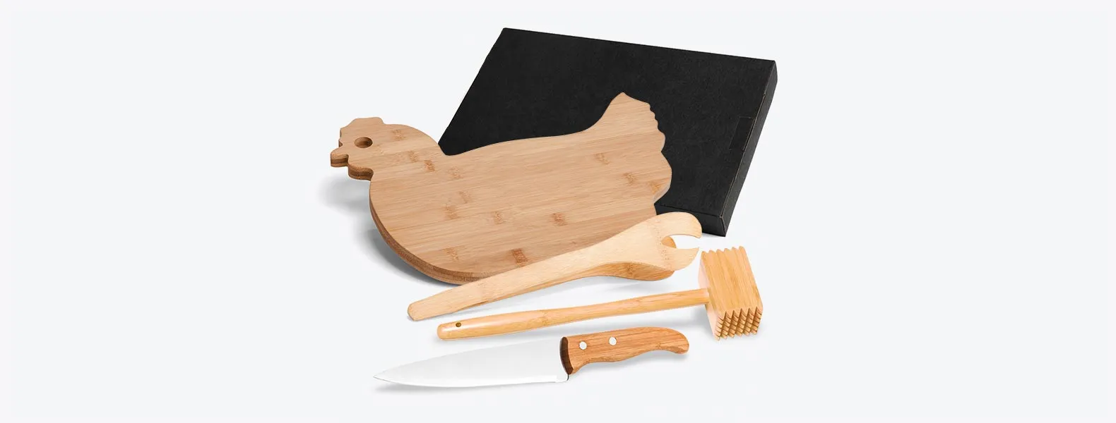 KIT PARA COZINHA EM BAMBU COM TÁBUA FORMATO GALINHA