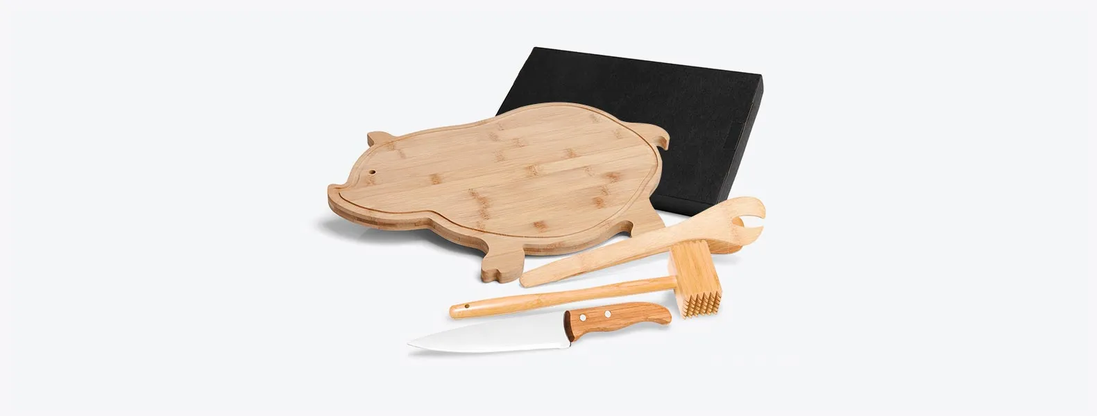 KIT PARA COZINHA EM BAMBU COM TÁBUA FORMATO PORCO