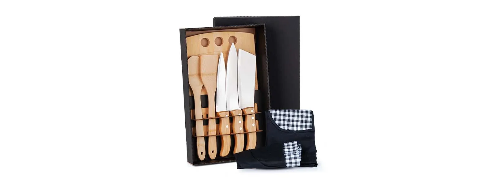 KIT PARA COZINHA EM BAMBU / INOX COM AVENTAL E TOUCA