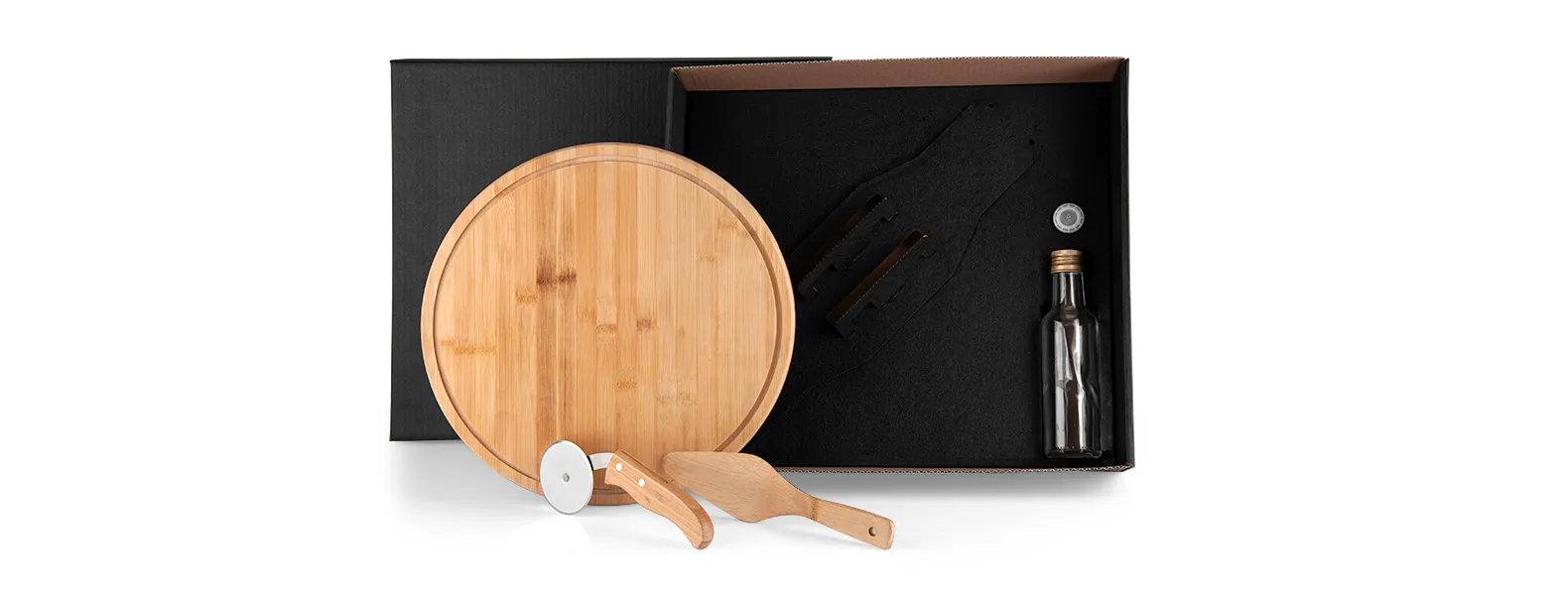 KIT PARA PIZZA COM GARRAFA - BAMBU / INOX / VIDRO - 4 PÇS