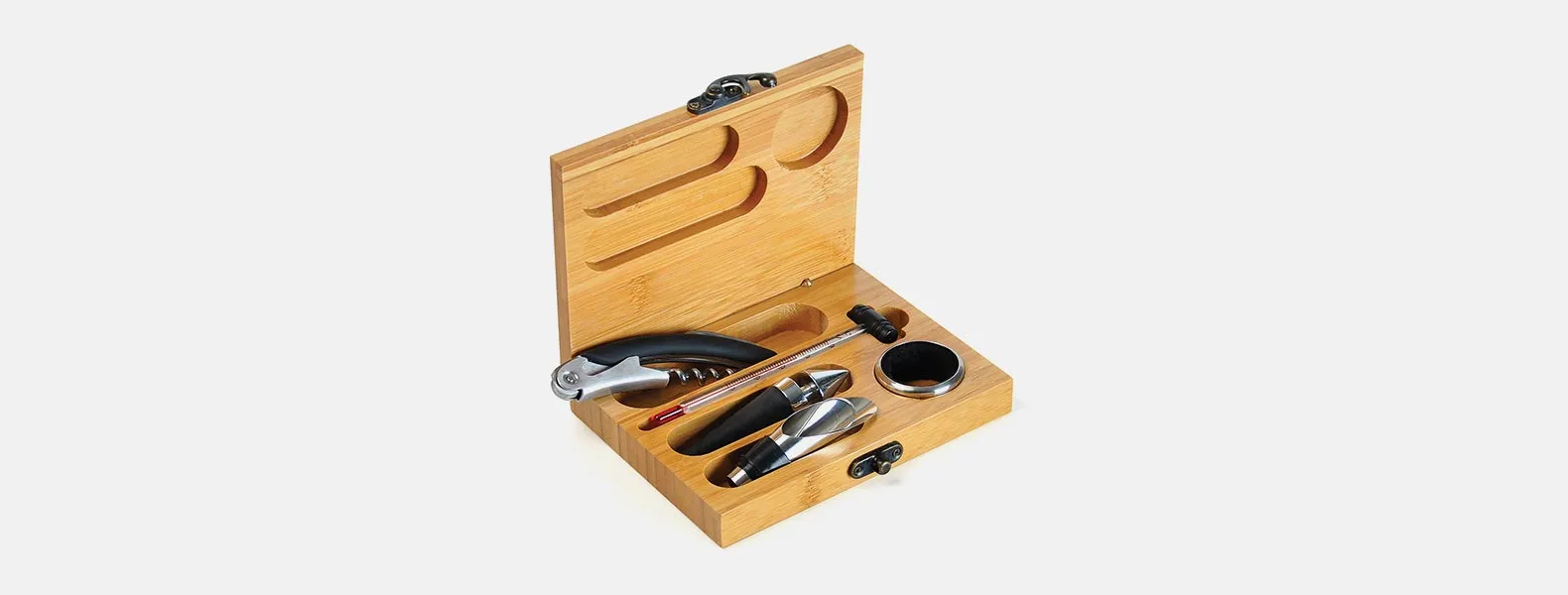 KIT PARA VINHO COM ESTOJO EM BAMBU - 6 PÇS