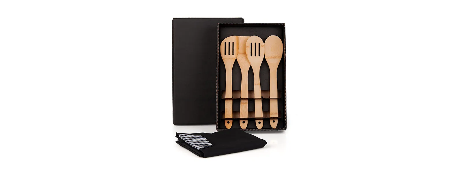 KIT UTENSÍLIOS EM BAMBU 30 CM COM AVENTAL - 5 PÇS